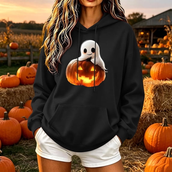 Molidfa Womens Glowing Pumpkin Hoodie Cute Ghost Halloween Graphic Oversized Top