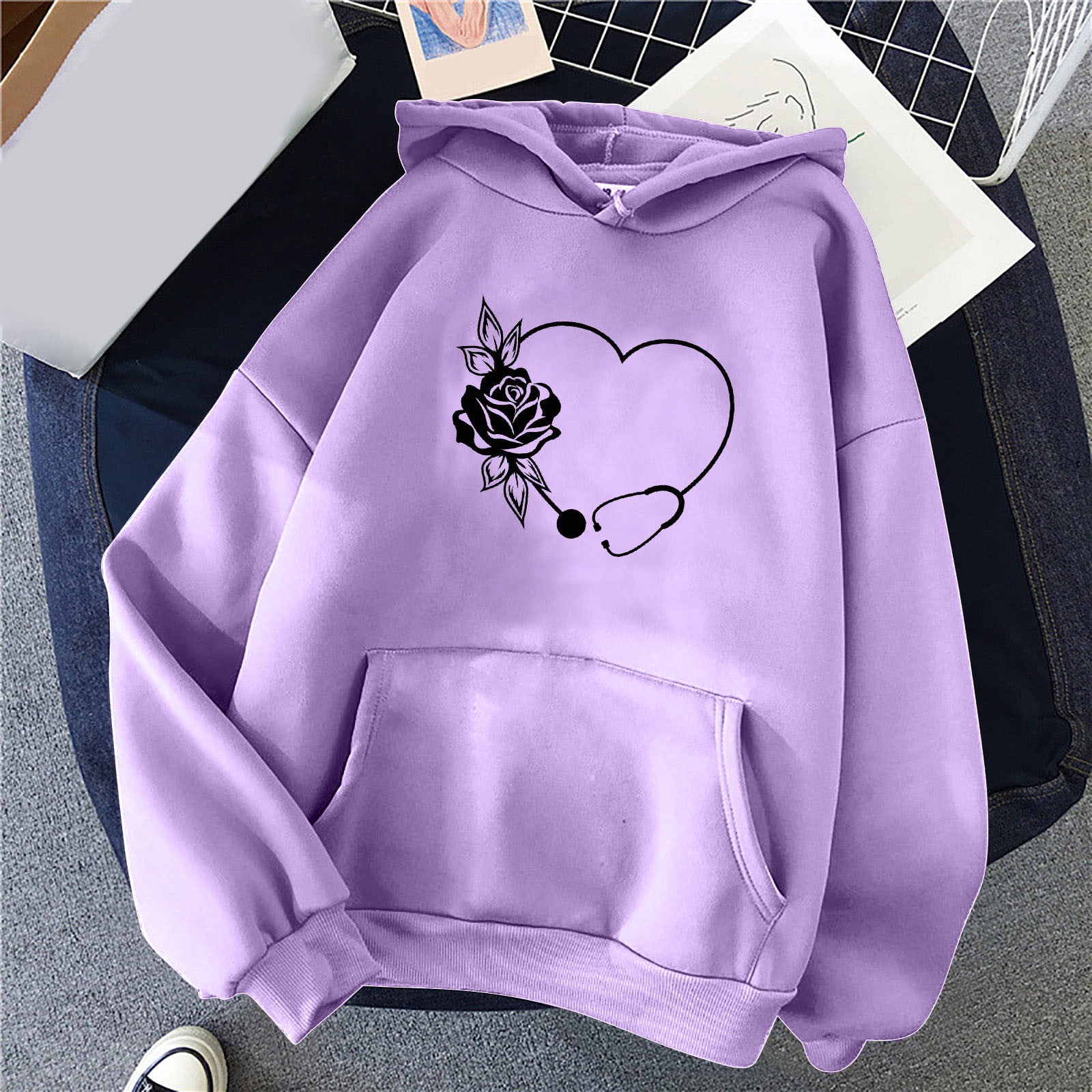 Molidfa Womens Hoodies Drawstring Pocket Love Heart Long Sleeve