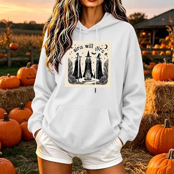 Molidfa Womens Retro Ghost Hoodie Pumpkin Patch Graphic Oversized Pullover Sweatshirt