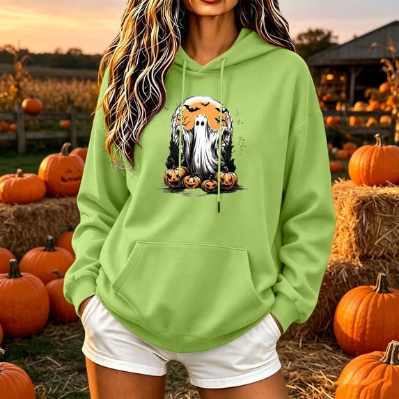 Molidfa Womens Retro Ghost Hoodie Pumpkin Patch Graphic Oversized Pullover Sweatshirt