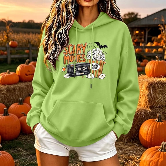 Molidfa Womens Scary Movies Hoodie Retro Graphic Oversized Halloween Pullover Top