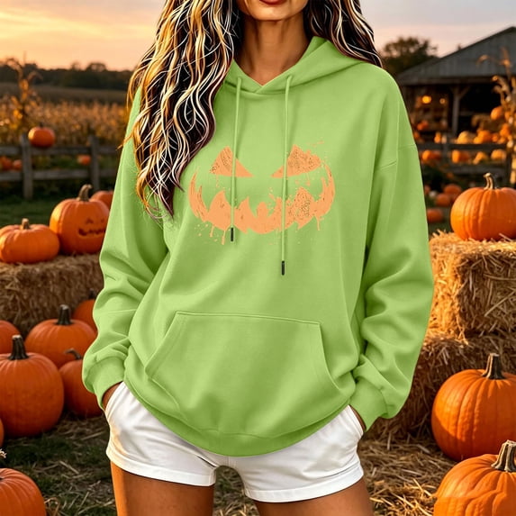 Molidfa Womens Spooky Pumpkin Hoodie Dripping Face Graphic Oversized Sweatshirt