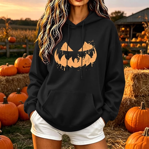 Molidfa Womens Spooky Pumpkin Hoodie Dripping Face Graphic Oversized Sweatshirt