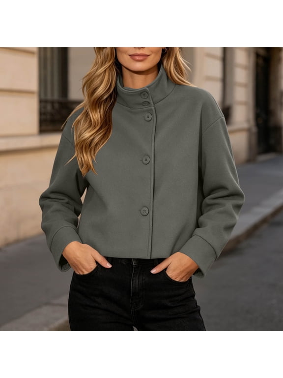 Womens Utility Jacket Cropped Button Front Stand Collar Casual Coat Outerwear