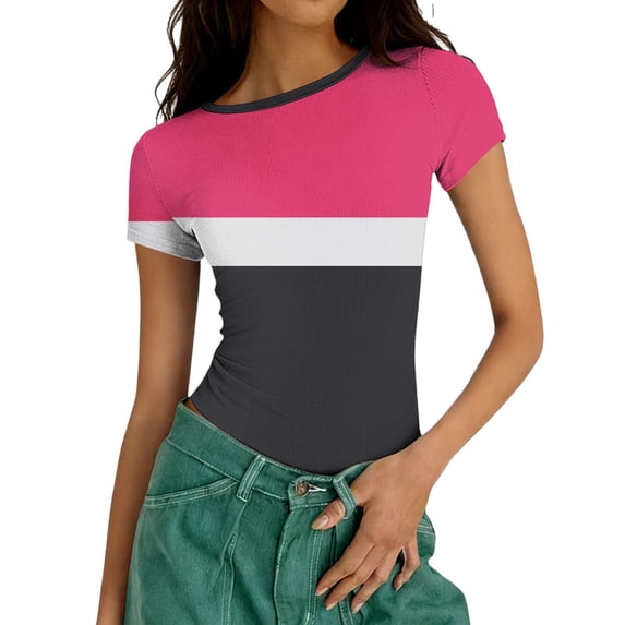 Molidfa women's color block crew neck short sleeve ribbed slim fit casual blouse