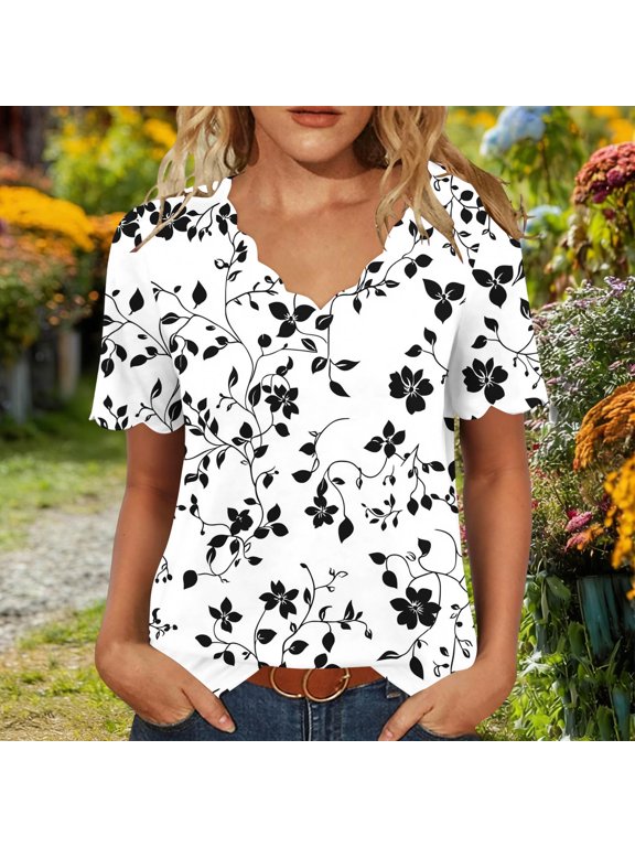 women's floral v neck short sleeve loose casual blouse