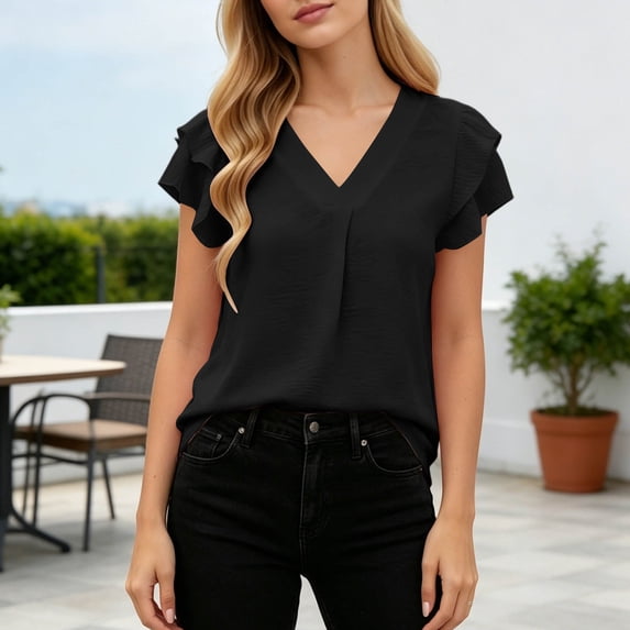 Molidfa women's flutter sleeve v neck short sleeve solid casual blouse