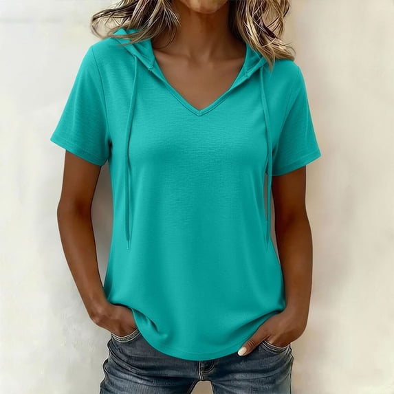 Molidfa women's hooded v neck short sleeve drawstring casual blouse