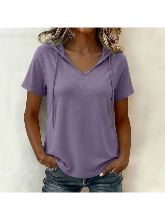 women's hooded v neck short sleeve drawstring casual blouse
