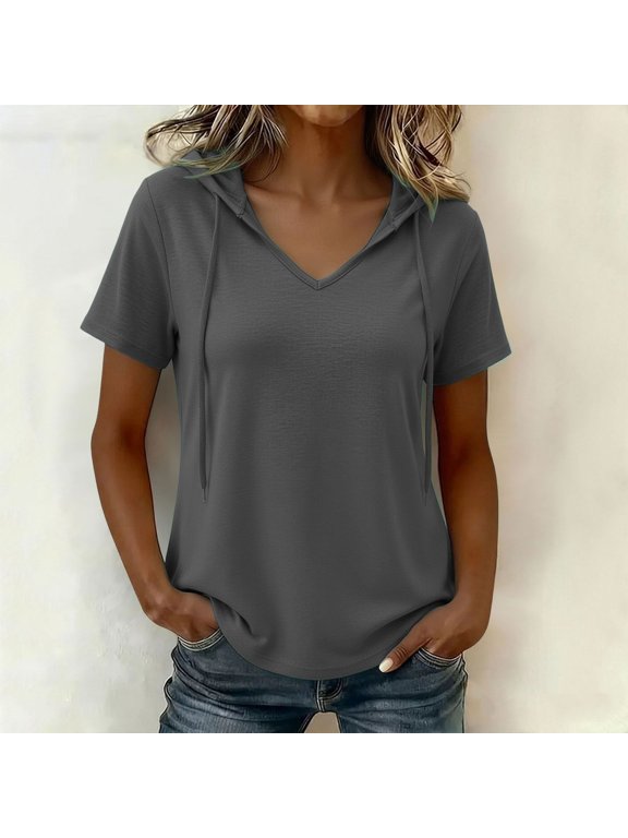 women's hooded v neck short sleeve drawstring casual blouse