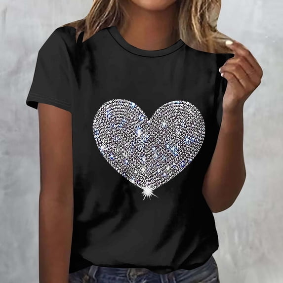 Molidfa women's rhinestone heart blouse crew neck short sleeve casual sparkly top