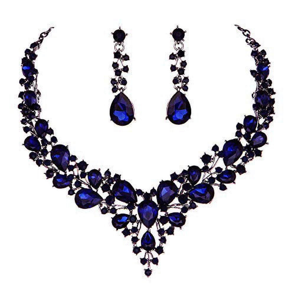 Molie Youfir Bridal Austrian Crystal Necklace and Earrings Jewelry Set  Gifts fit with Wedding Dress(Navy Blue)