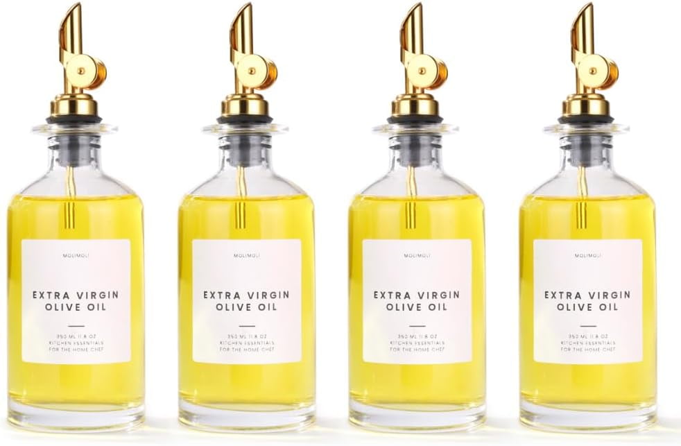 Set of 4 Gold Pourer Glass Olive Oil Dispenser Bottles, 350ml