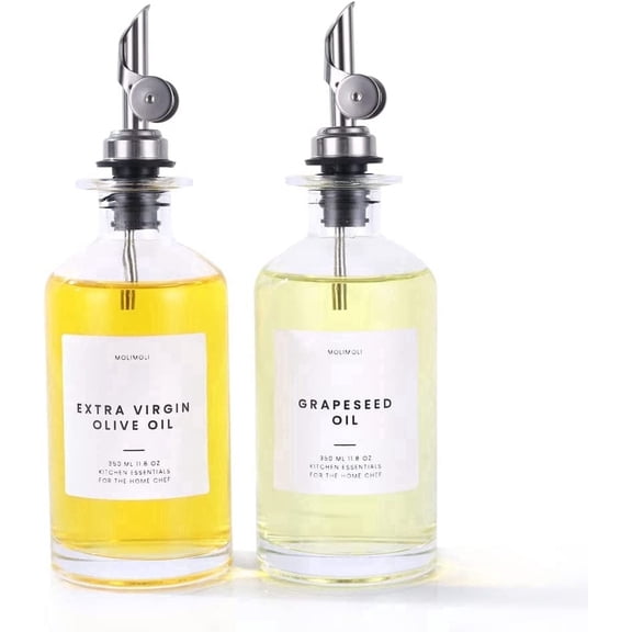 Molimoli Olive x2 Oil Dispenser Glass Bottle 350ml for Kitchen. Silver Weighted Pourer 2.72"W x 8.62"H