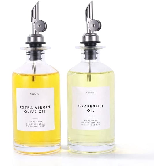 Molimoli Olive x2 Oil Dispenser Glass Bottle 350ml for Kitchen. Silver Weighted Pourer 2.72"W x 8.62"H