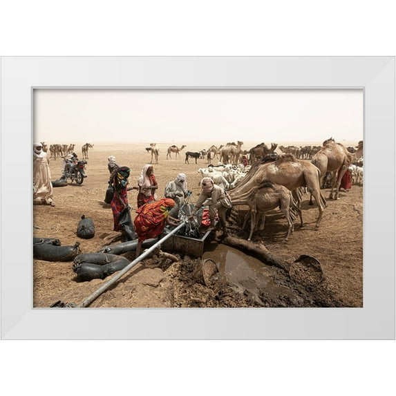 Molina, Elena 32x23 White Modern Wood Framed Museum Art Print Titled - So Much ActIVity Around The Well At Borkou Desert-Tchad