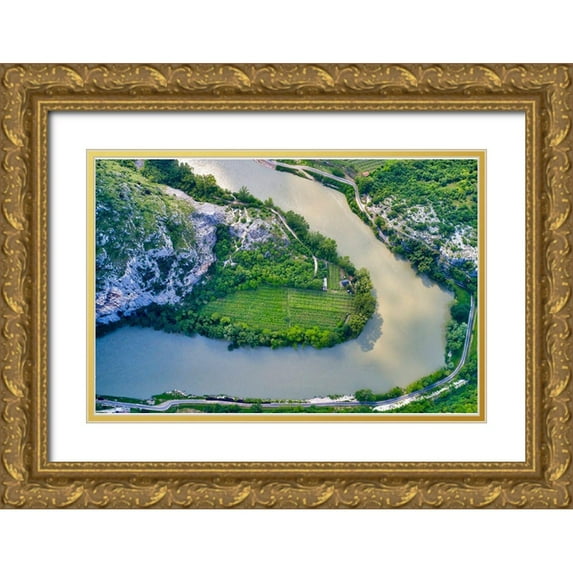 Molinari, Michele 14x11 Gold Ornate Wood Framed with Double Matting Museum Art Print Titled - Italy-Adige river bend and vineyards