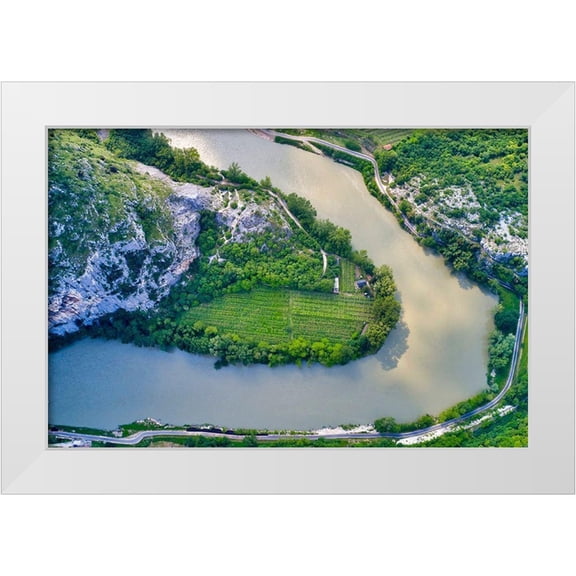 Molinari, Michele 14x11 White Modern Wood Framed Museum Art Print Titled - Italy-Adige river bend and vineyards