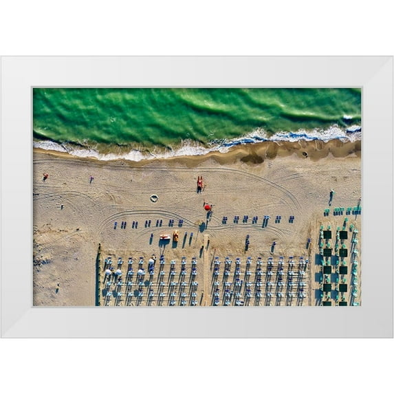 Molinari, Michele 32x23 White Modern Wood Framed Museum Art Print Titled - Italy-Tuscany-Torre del Lago Puccini-boathouse and neatly ordered beach chairs and umbrellas