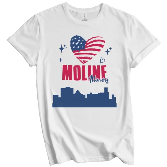Moline,llinois Skyline American Flag Heart 4th of July T-Shirt Gift for Men Women Unisex Tee