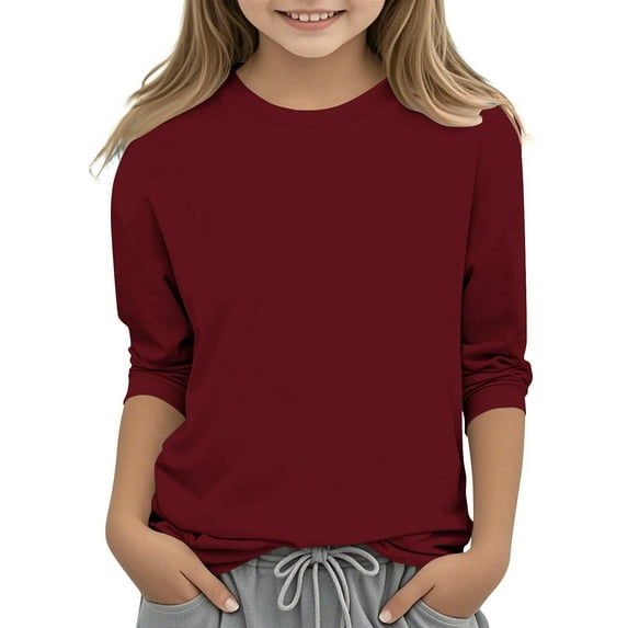 Molinyidia Cute Tops for Teen Girls 10-12 Basic Solid Color Three-Quarter Sleeves Shirts Kids Comfortable Soft Crewneck Pullover Tops Casual Holiday Party Spring Fall Tops Blouses