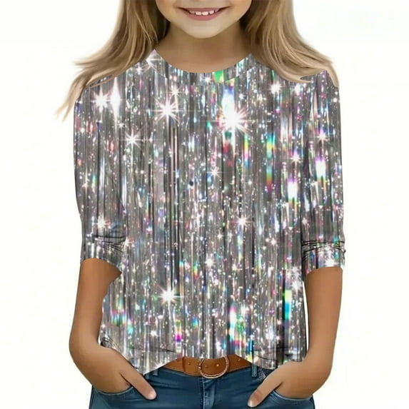 Molinyidia Tops for Girls Trendy Causal 3/4 Sleeve Crewneck Sparkle Sequin Shirts Fashion Dressy Glitter Blouses Loose Pullover Casual Holiday Spring Summer Blouses Daily