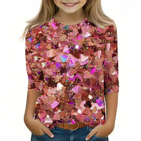 Molinyidia Tops for Girls Trendy Causal 3/4 Sleeve Crewneck Sparkle Sequin Shirts Fashion Dressy Glitter Blouses Loose Pullover Casual Holiday Spring Summer Blouses Daily