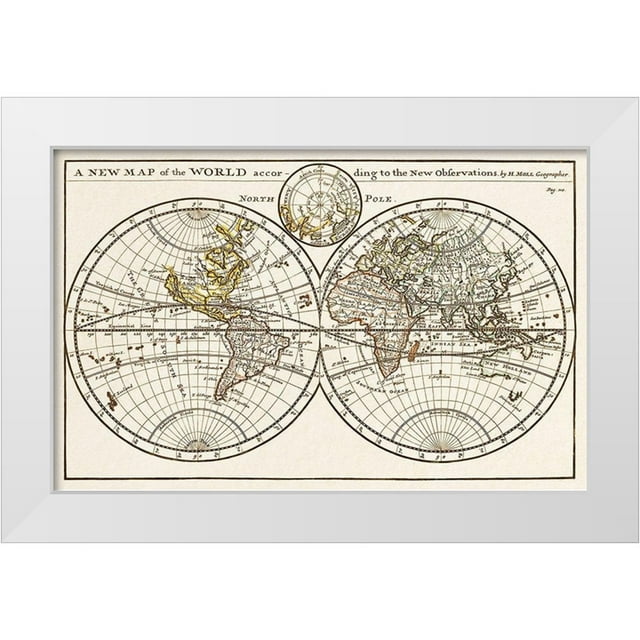Moll, Herman 24x17 White Modern Wood Framed Museum Art Print Titled - A new map of the world according to the new observations 1732