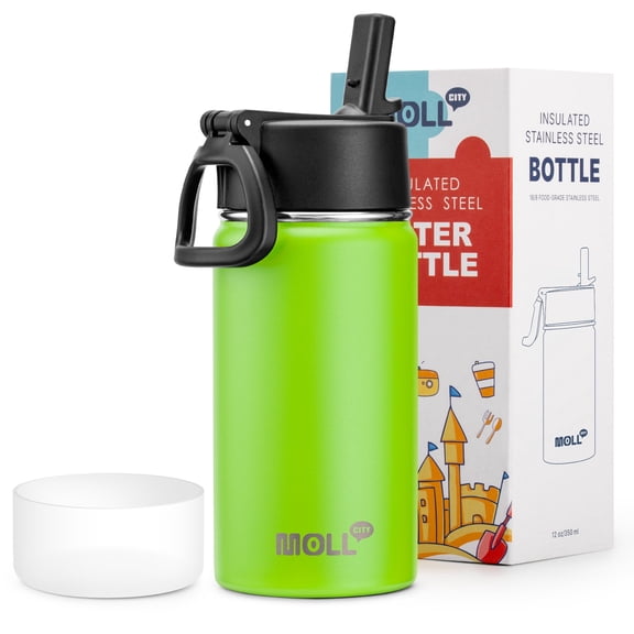 Mollcity 12oz Double-Wall Insulated Stainless Steel Water Bottle - Leakproof Straw Sports Bottle for Gym, Hiking, Travel (Apple Green)