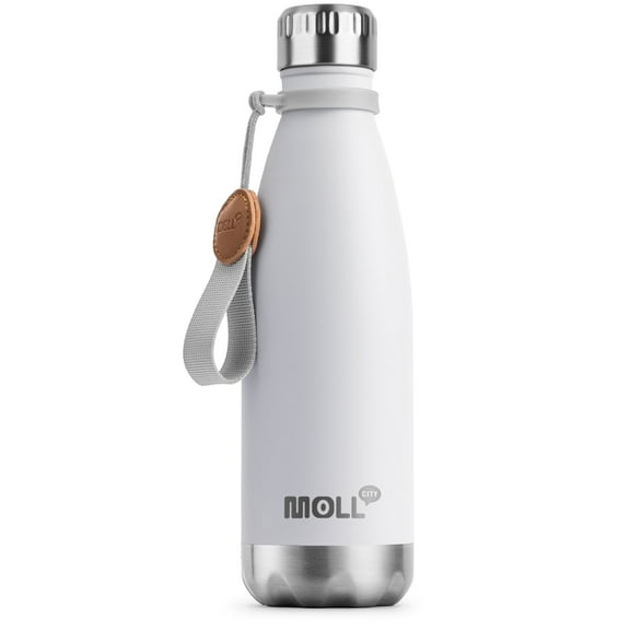 Mollcity Insulated Water Bottles 17oz Stainless Steel Sports Water Bottles Cola Shape Metal Flask with Detachable Carry Rope, Keep Cold for 24 Hours and Hot for 12 Hours(White)