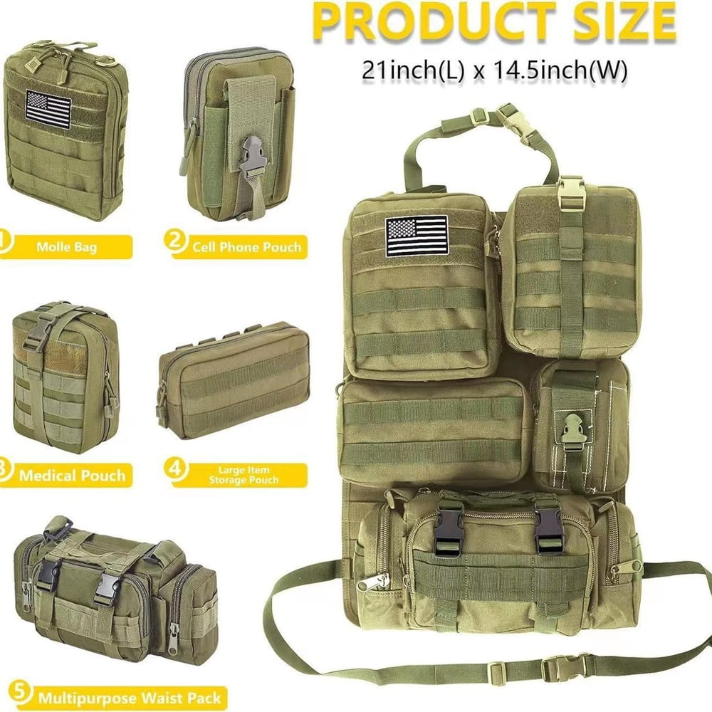 Molle Car Seat Back Organizer, Adjustable Strap, 5 Molle Bags, Vehicle Storage Space, Fabric Material, Ideal For Cars, Trucks & SUV, 21x14.5in, 3lbs