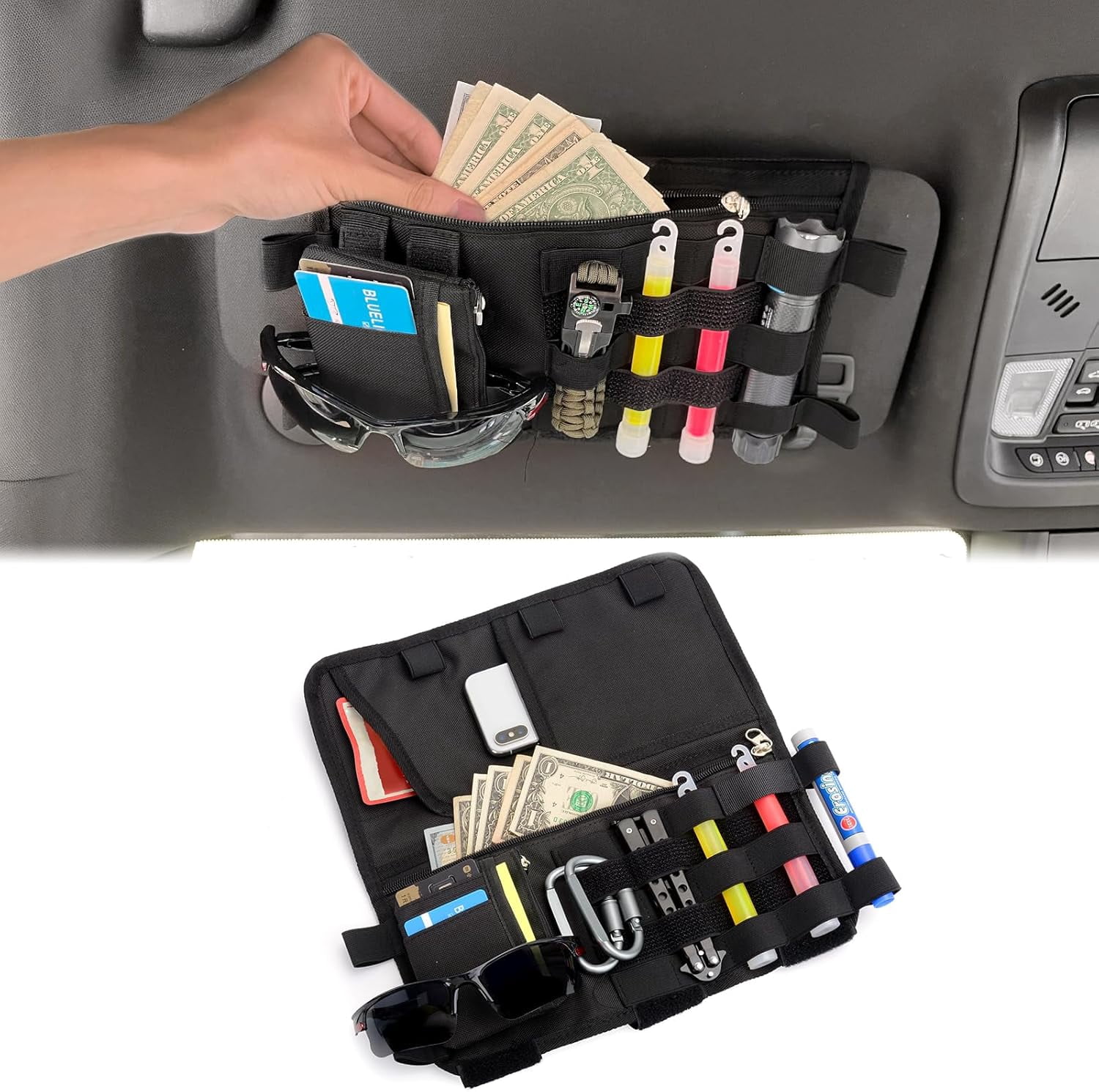 Molle Visor Panel Organizer, Tactical Car Sun Cover Webbing Compatible Elastic Slots Vehicle Storage Holder Pouch for All