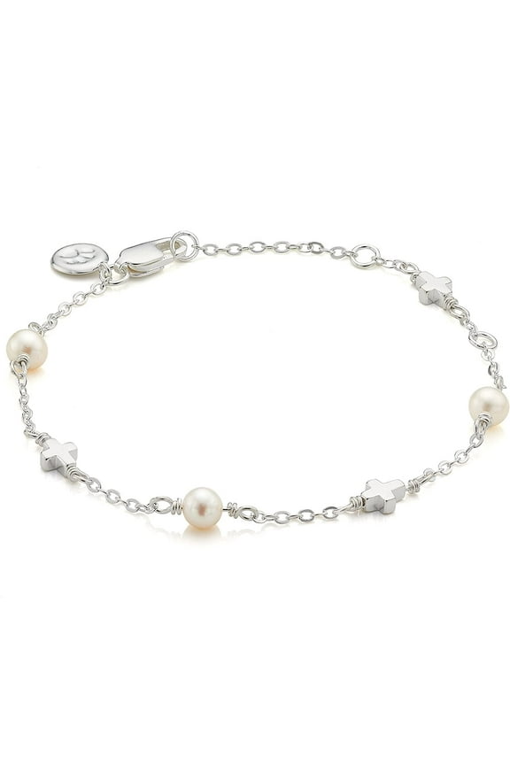 Molly B London Child's Sterling Silver Pearl & Cross Bracelet for Baptism, Quinceaera and First Communion