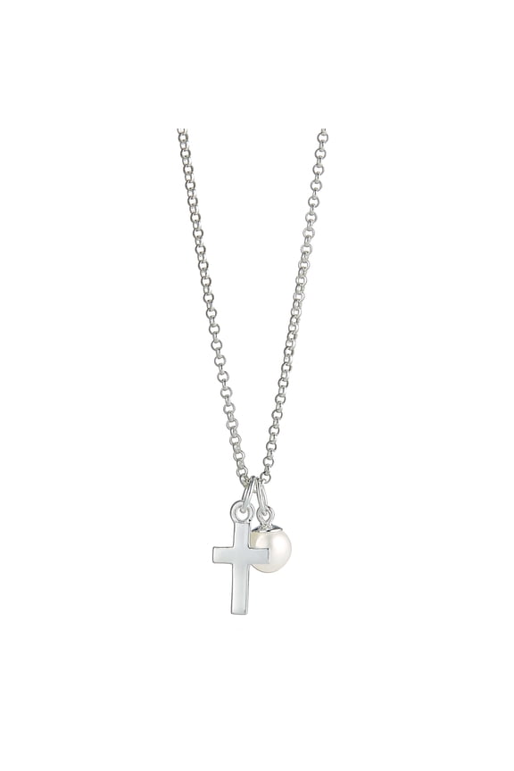 Molly B London Sterling Silver & Pearl Cross Necklace, 16 in Belcher Chain