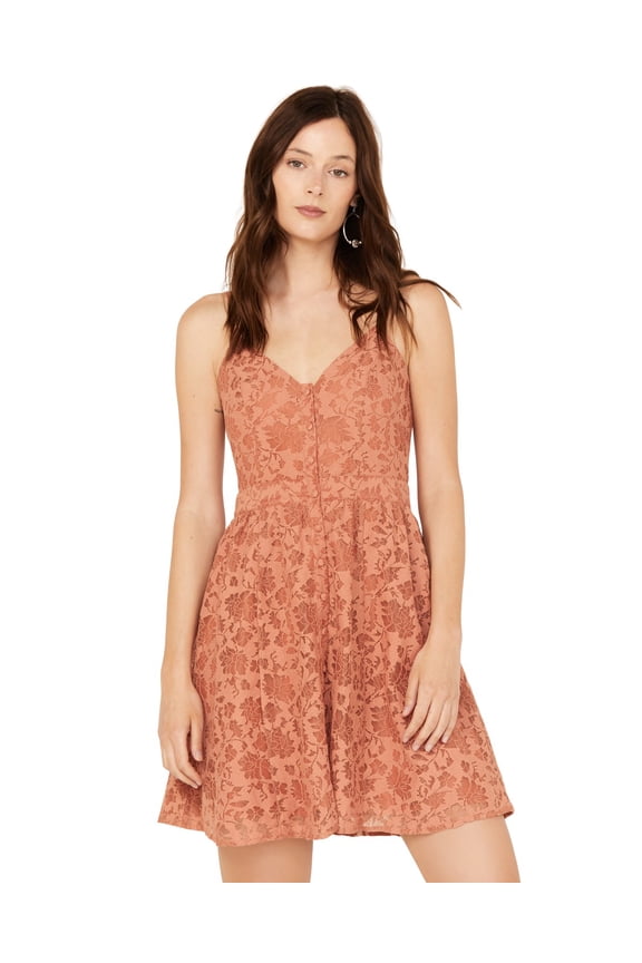 Women's Lace Button-Down Sleeveless Mini Dress Rust Copper US