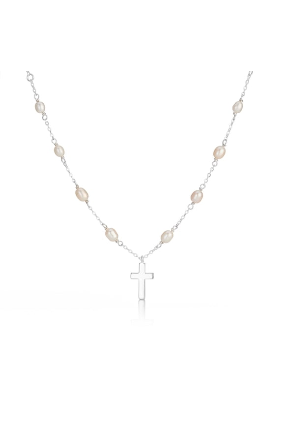 Pearl & Silver Rosary Necklace, Sterling Silver, 16 in, Belcher, Includes Gift Box