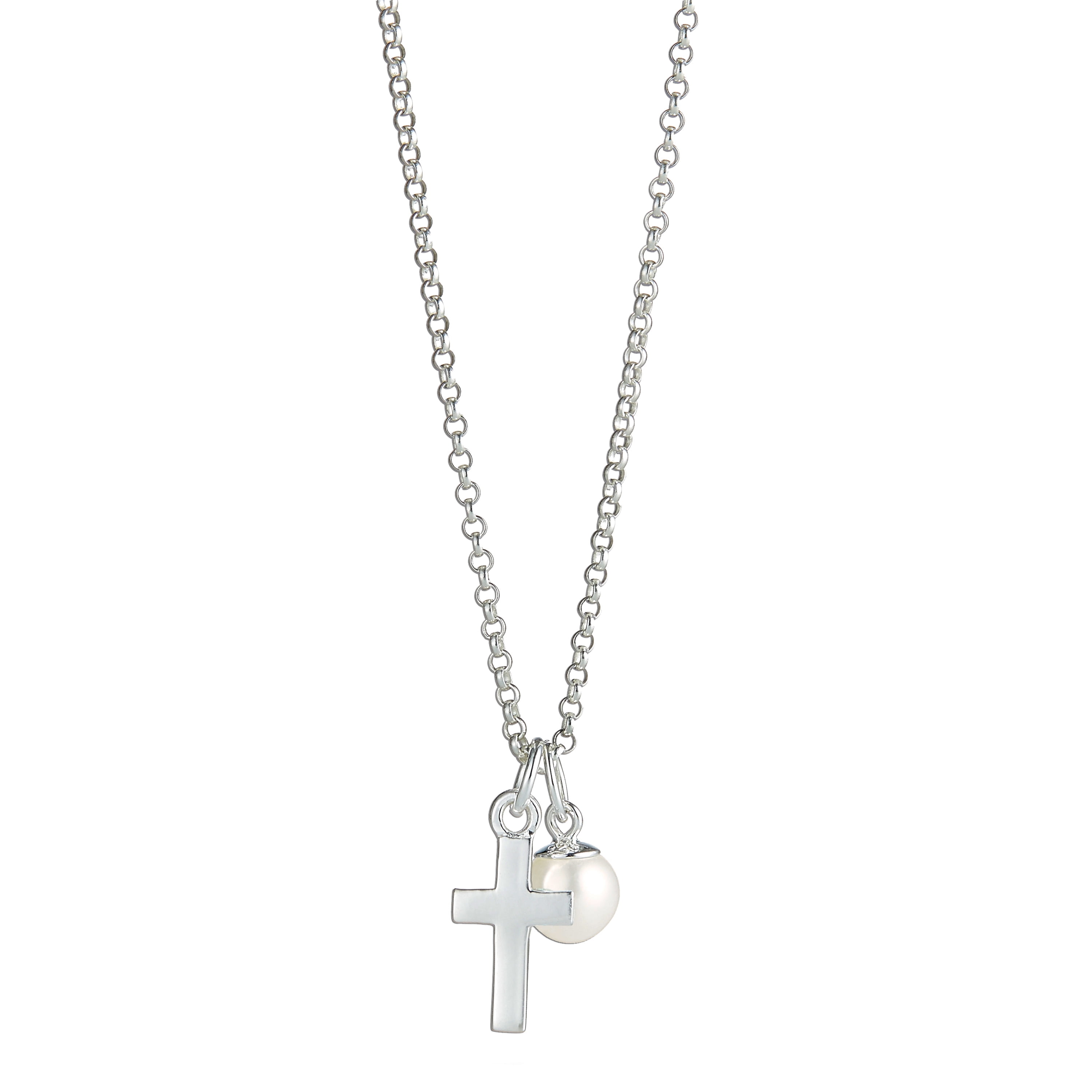 Molly Brown London Sterling Silver & Cultured Pearl Cross Necklace, 16 in Belcher Chain