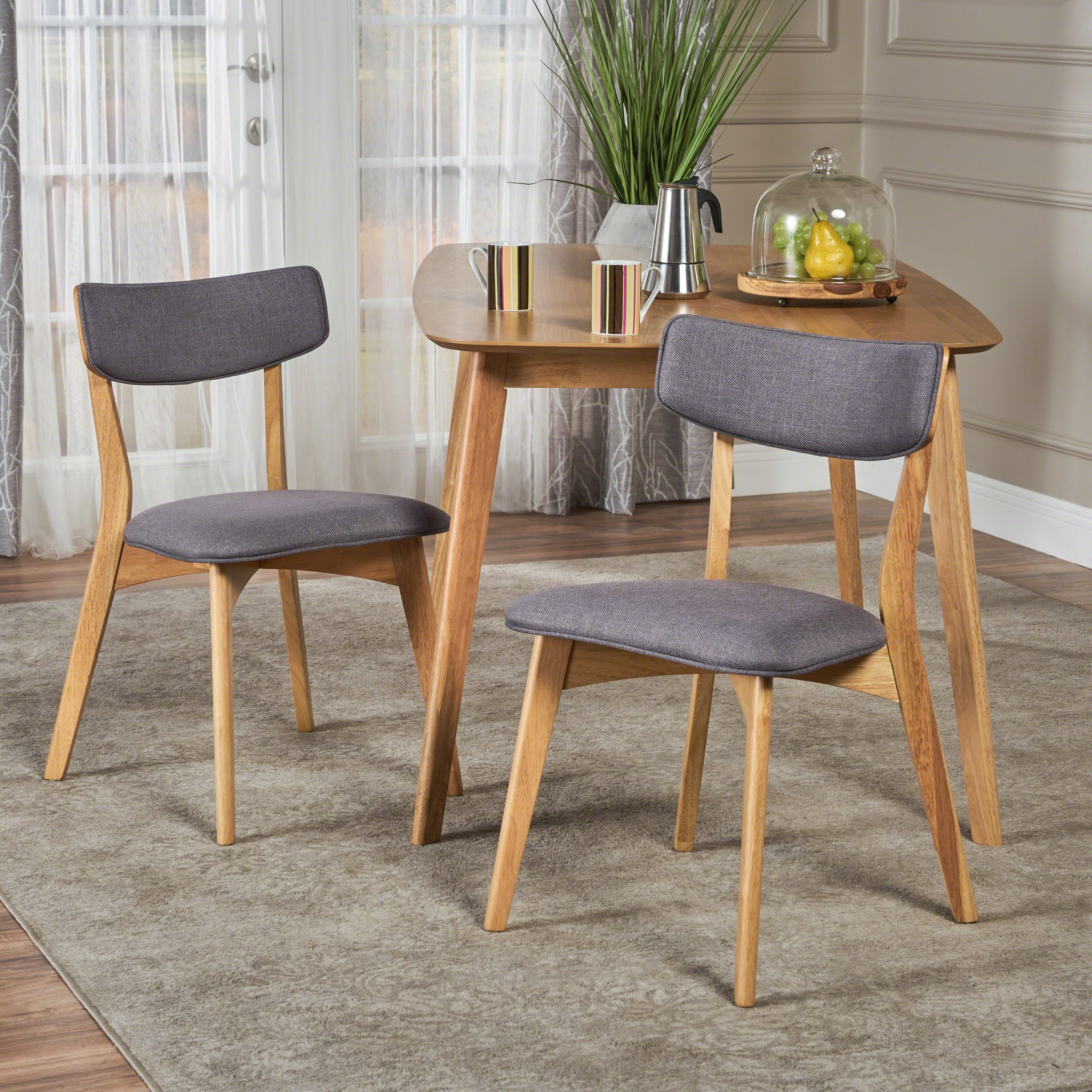 Elegant Abrielle Dark Grey Fabric Dining Chairs with Natural Oak Frame, Set of 2