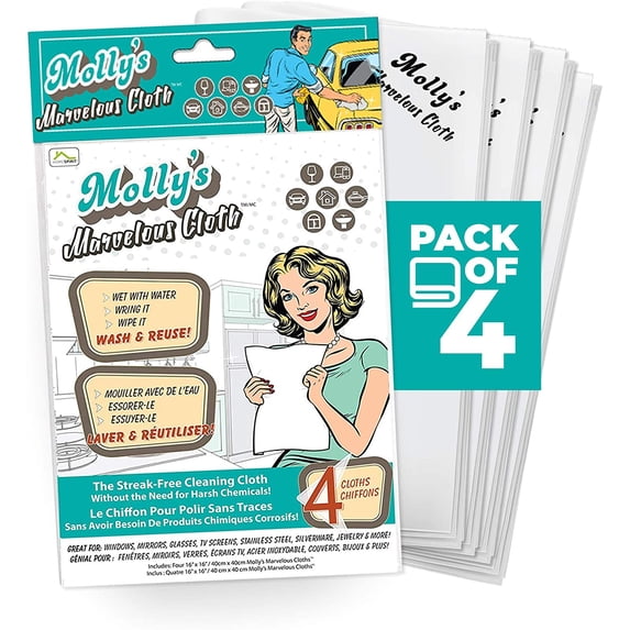 Molly's Marvelous Cloth, Streak-Free, Lint-Free Microfiber Cleaning Cloth, Polishing Cloth for Glass, Stainless Steel, Use for Kitchen, Bath, Cars, Detailing, Reusable (17" by 16") (4pk, White)