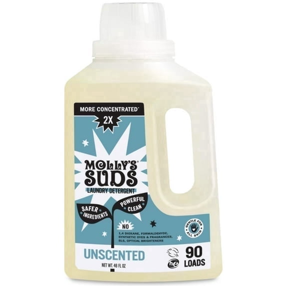 Molly's Suds 2x Concentrated Unscented Liquid Laundry Detergent for Sensitive Skin, 90 Loads