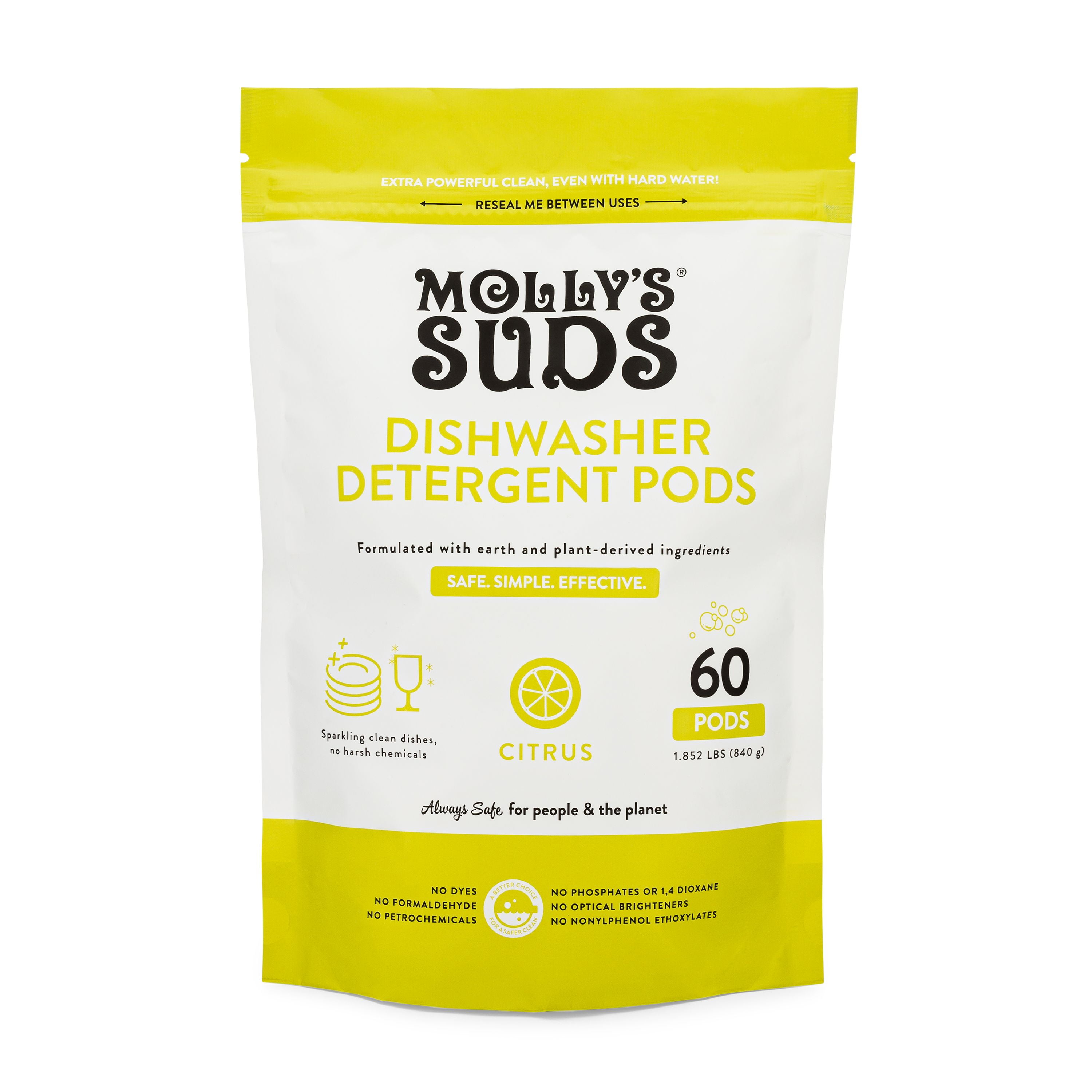 Molly's Suds Dishwasher Pods Natural Dishwasher Detergent, Cuts Grease & Rinses Clean (Residue
