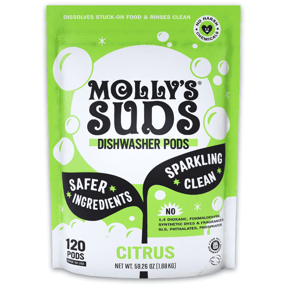 Molly's Suds Dishwasher Detergent Pods | Cuts Grease & Rinses Clean (Residue-Free) | 120 Auto-Release Tabs (Citrus)