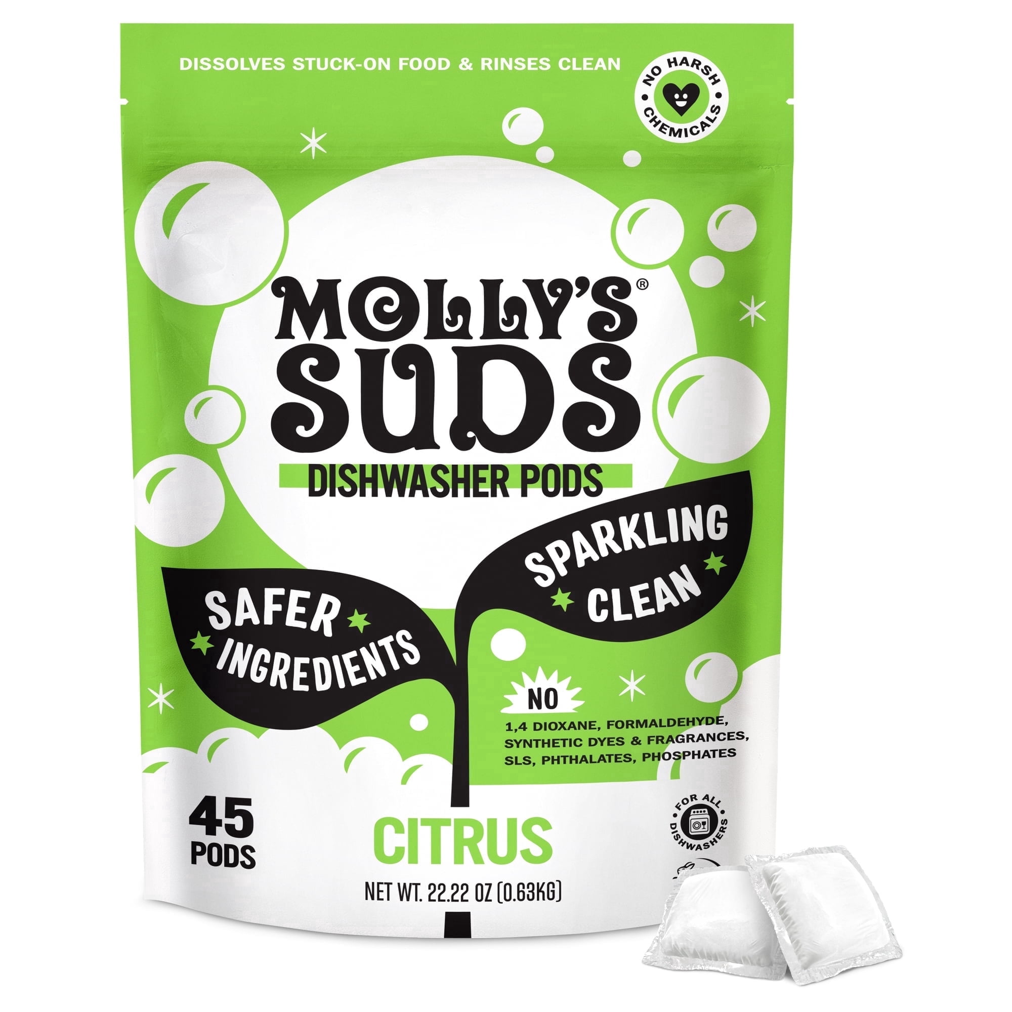 Molly's Suds Dishwasher Pods, Natural Dishwasher Detergent, Cuts Grease & Rinses Clean (Residue-Free) for Sparkling Dishes, 45 Auto-Release Tabs (Citrus)