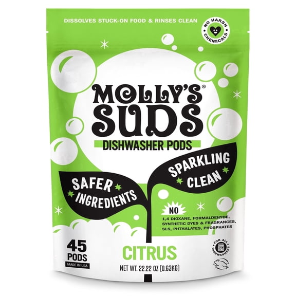 Molly's Suds Dishwasher Pods, Natural Dishwasher Detergent, Cuts Grease & Rinses Clean (Residue-Free) for Sparkling Dishes, 45 Auto-Release Tabs (Citrus)