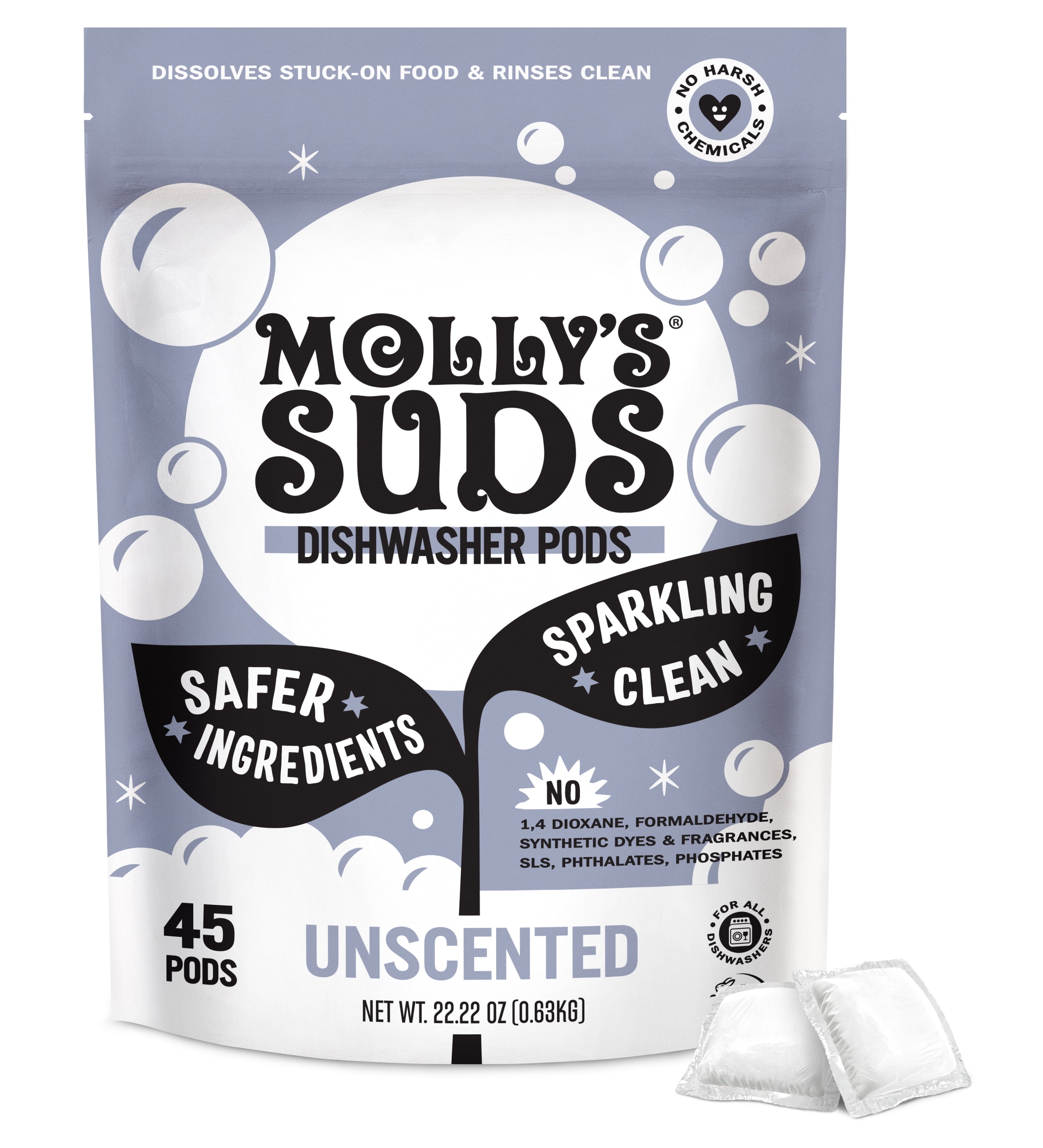 Molly's Suds Dishwasher Pods, Natural Dishwasher Detergent, Cuts Grease & Rinses Clean (Residue-Free) for Sparkling Dishes, 45 Auto-Release Tabs (Unscented)