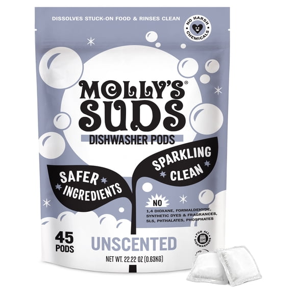 Molly's Suds Dishwasher Pods, Natural Dishwasher Detergent, Cuts Grease & Rinses Clean (Residue-Free) for Sparkling Dishes, 45 Auto-Release Tabs (Unscented)
