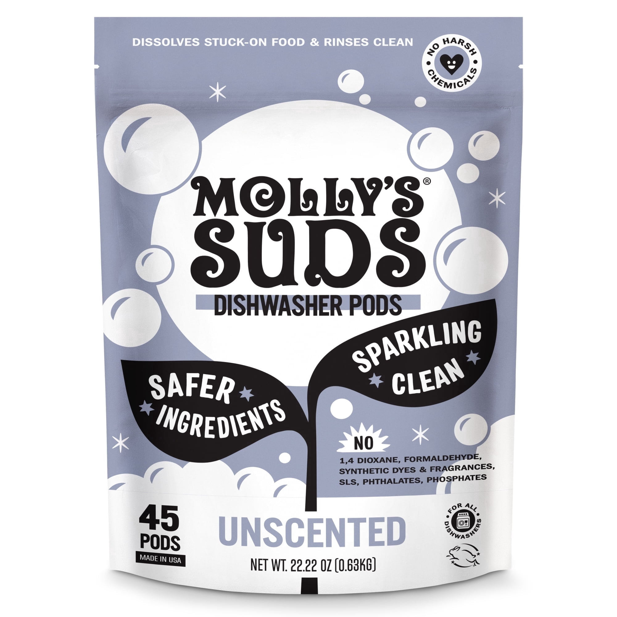 Molly's Suds Dishwasher Pods, Natural Dishwasher Detergent, Cuts Grease & Rinses Clean (Residue-Free) for Sparkling Dishes, 45 Auto-Release Tabs (Unscented)