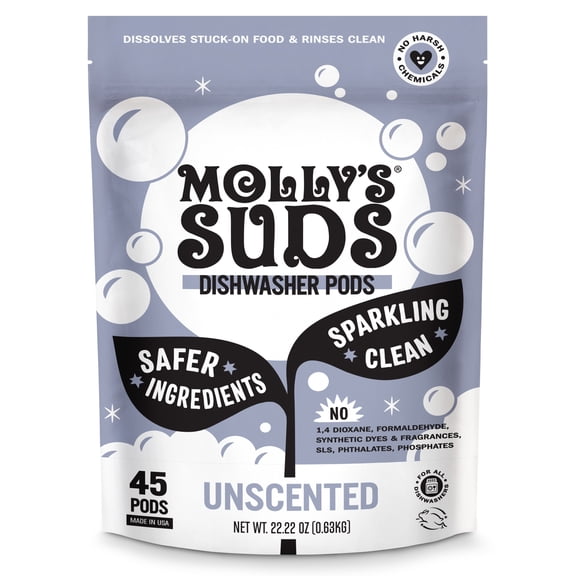 Molly's Suds Dishwasher Pods, Natural Dishwasher Detergent, Cuts Grease & Rinses Clean (Residue-Free) for Sparkling Dishes, 45 Auto-Release Tabs (Unscented)