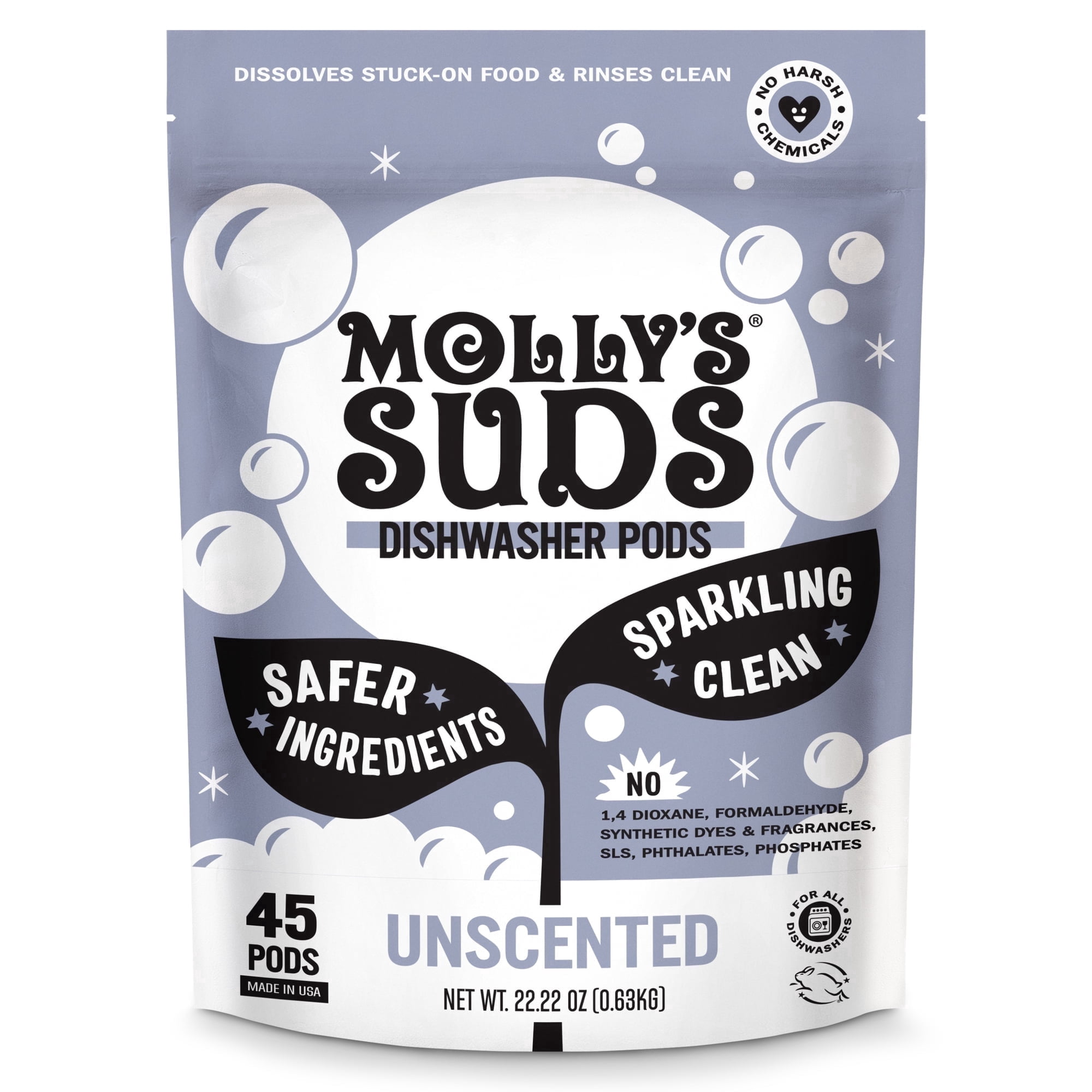Molly's Suds Dishwasher Pods, Natural Dishwasher Detergent, Cuts Grease & Rinses Clean (Residue-Free) for Sparkling Dishes, 45 Auto-Release Tabs (Unscented)