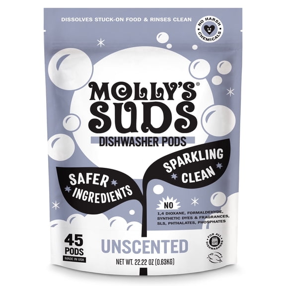 Molly's Suds Dishwasher Pods, Natural Dishwasher Detergent, Cuts Grease & Rinses Clean (Residue-Free) for Sparkling Dishes, 45 Auto-Release Tabs (Unscented)